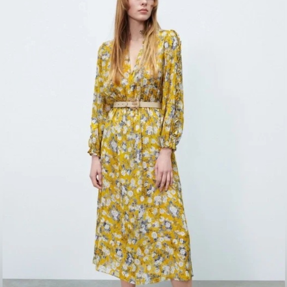 NEW Zara Medium Yellow Floral Jacquard Metallic Midi Dress ~ Cottagecore Peasant - Picture 11 of 11
